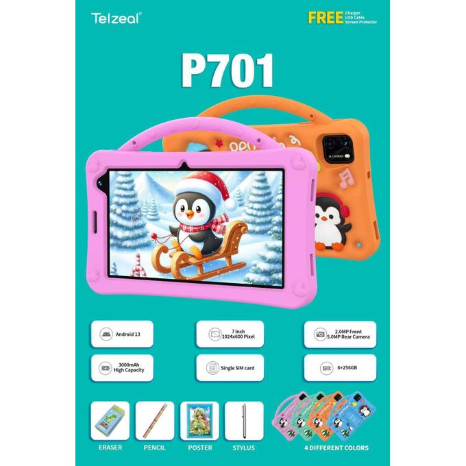 Telzeal P701 Kids Tablet | 7" HD Android 13, 6GB RAM 256GB Storage with Bonus Gifts
