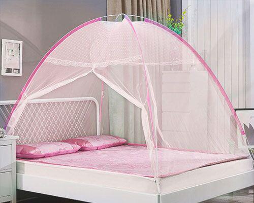 Polyester Washable Mosquito Net for King Size Bed - Foldable with Zippered Doors & 8mm PVC Coated Steel Rod, White & Blue