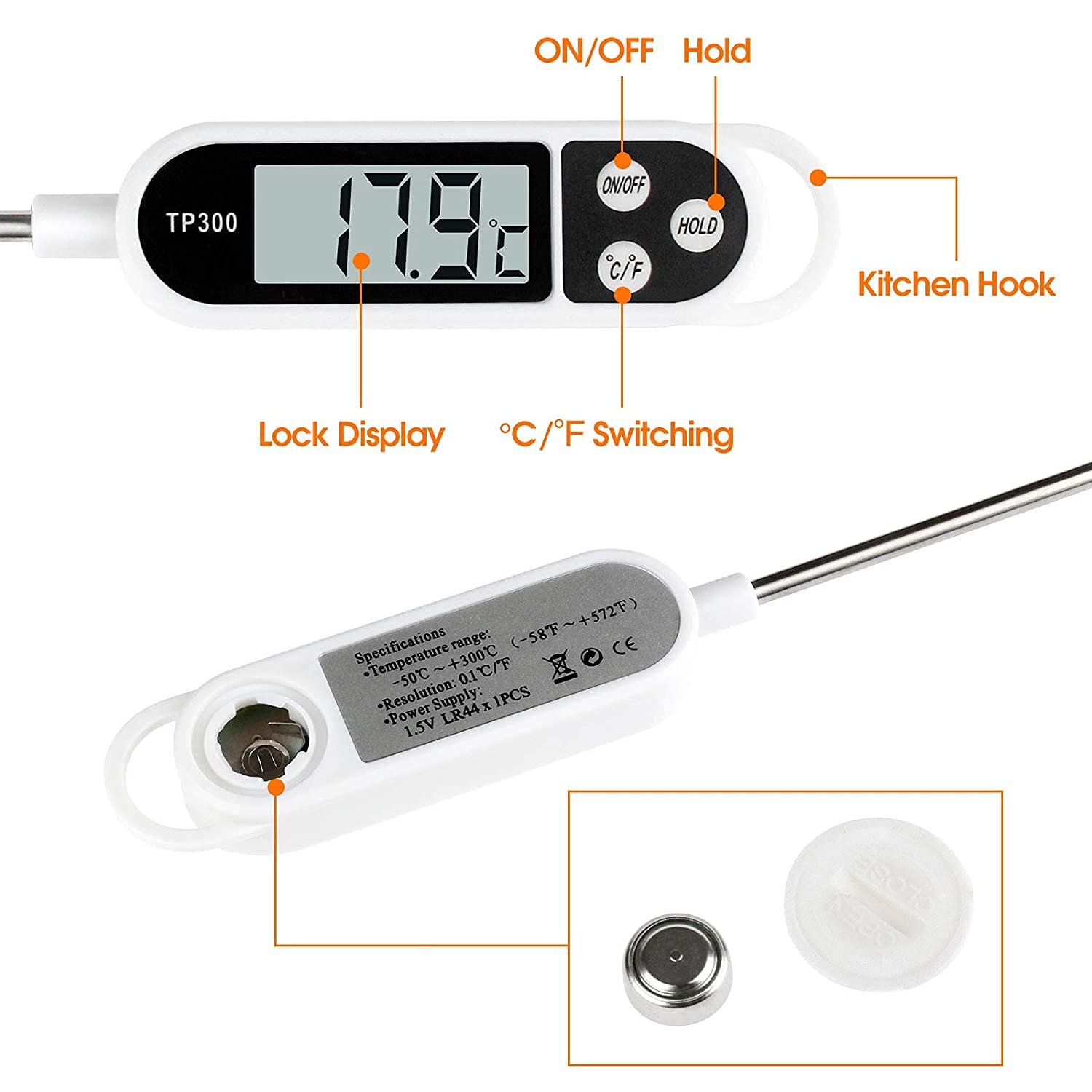 Digital Food Thermometer – TP300 Instant-Read Thermometer with Long Probe