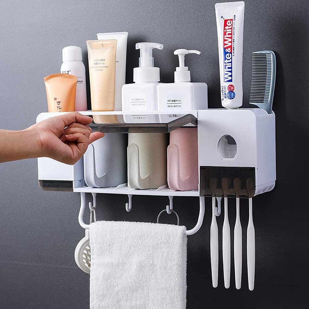 Multi-Functional Toothbrush Holder with Automatic Toothpaste Dispenser | 3 Cups, 4 Toothbrush Slots, Towel Bar, and Dustproof Cover - LIFE STORES UGANDA