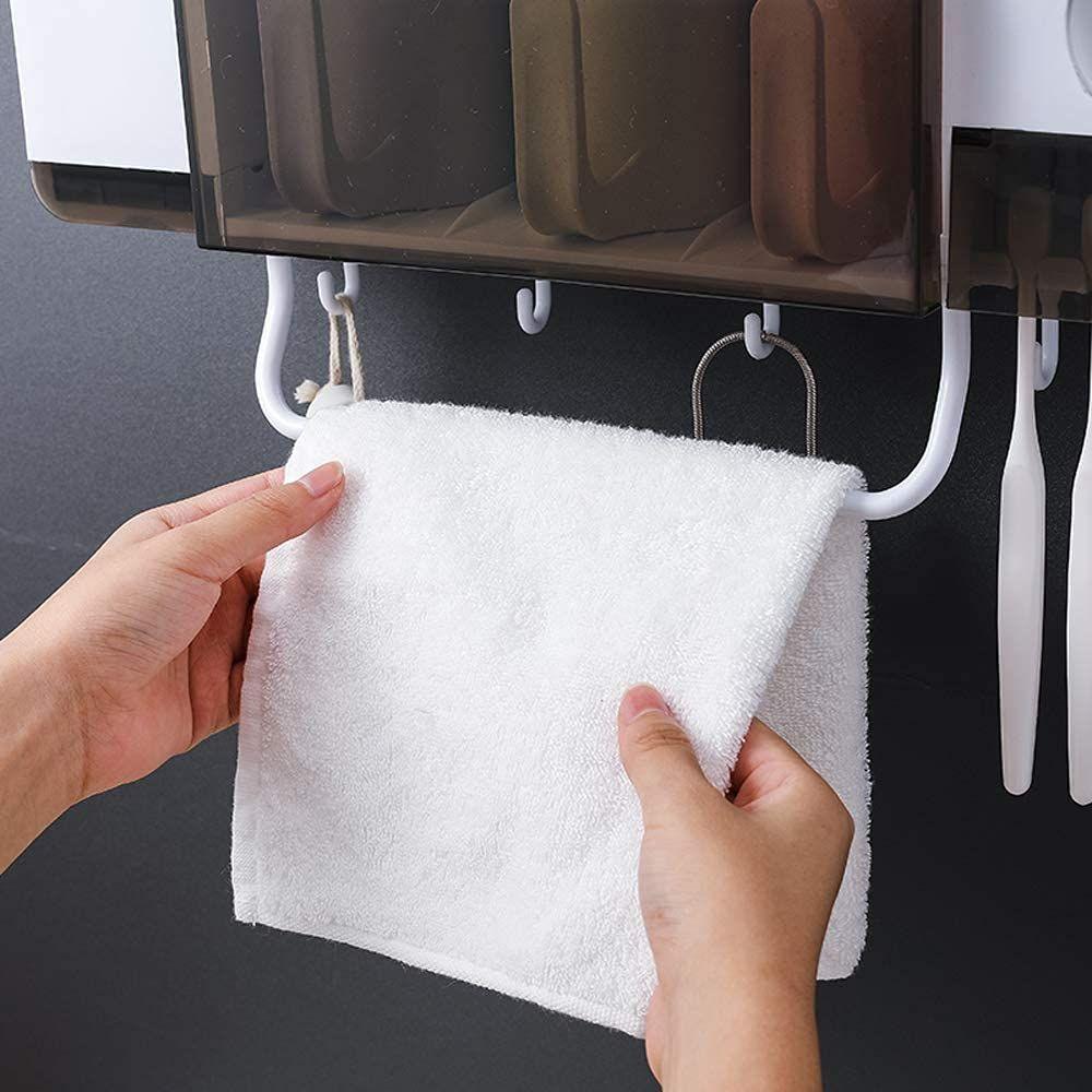 Multi-Functional Toothbrush Holder with Automatic Toothpaste Dispenser | 3 Cups, 4 Toothbrush Slots, Towel Bar, and Dustproof Cover - LIFE STORES UGANDA