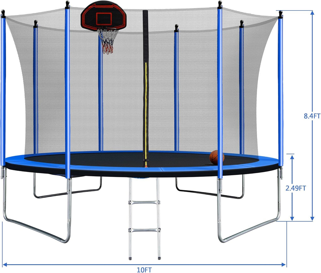 10FT Trampoline with Basketball Hoop for Kids | W-Shape Legs | UV-Resistant Mat & Padding | Indoor Outdoor Backyard Fun