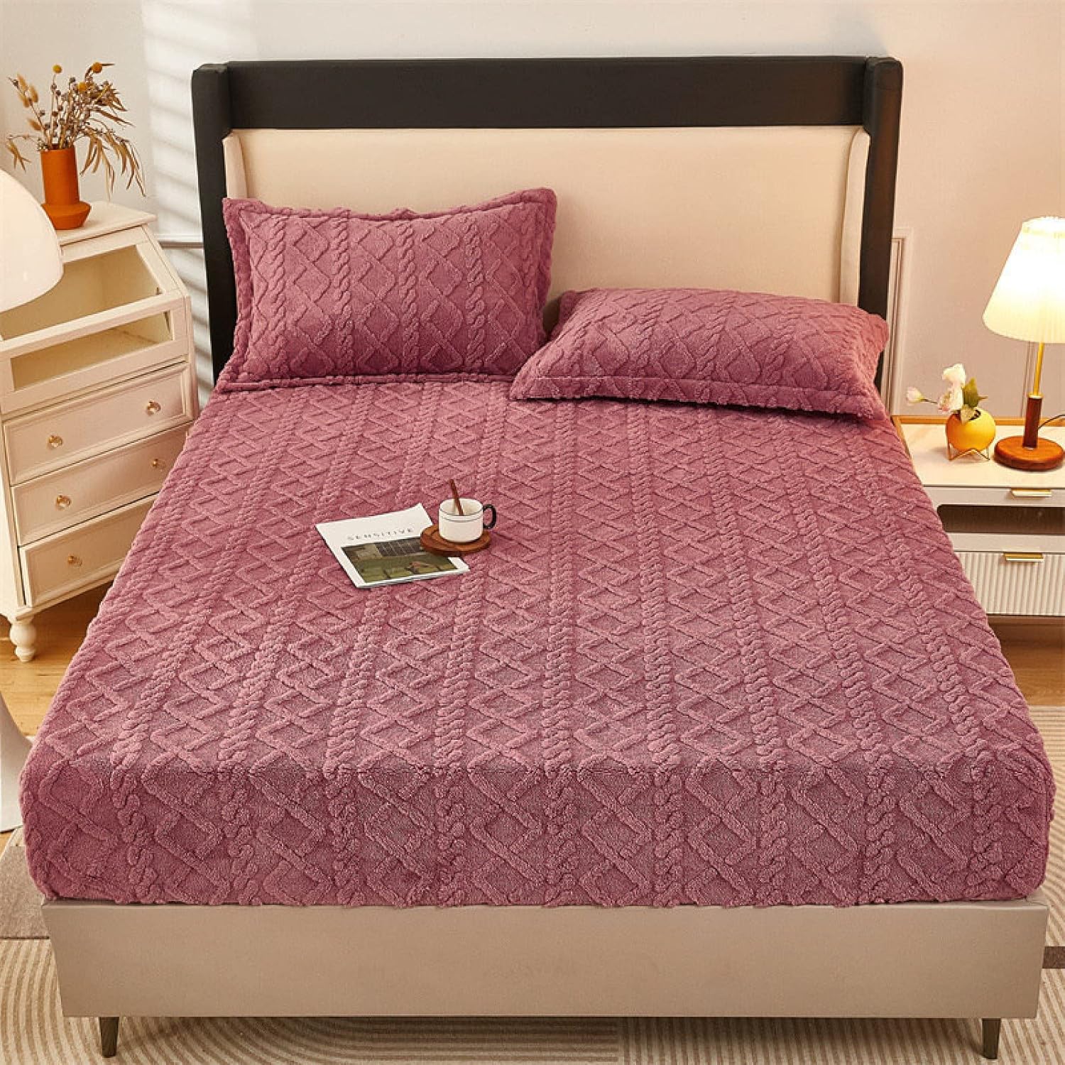 Non-Iron Deep Fitted Bed Sheets - Winter Warm Coral Fleece Mattress Topper