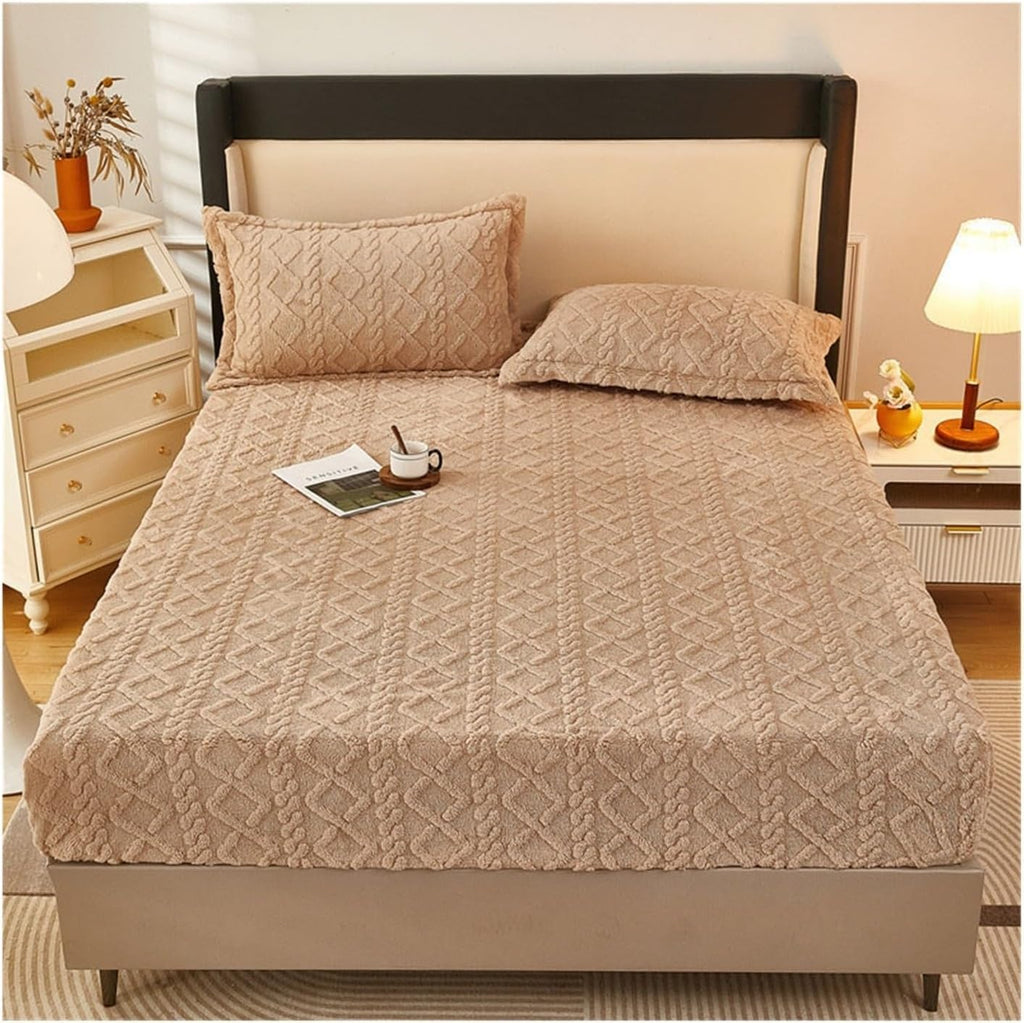 Fleece Mattress Cover with 2 Pillowcases - Luxury Taffeta Velvet Fitted Sheet Set, Super Soft Cozy Winter Flannel Bed Sheets with 9.84" Deep Pocket