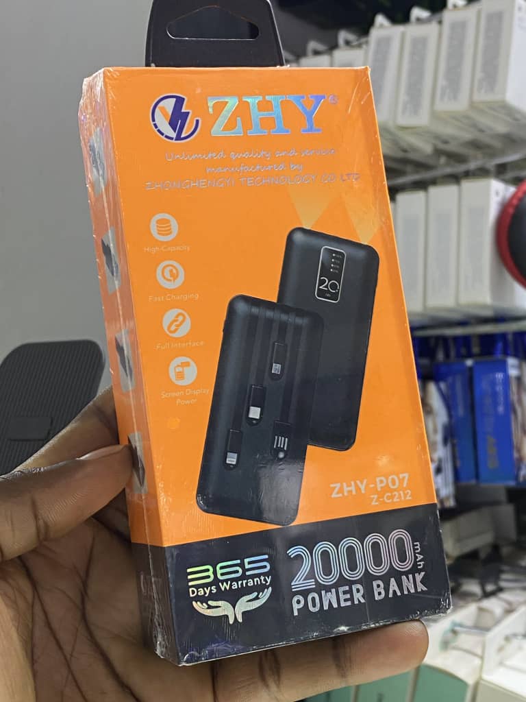 ZHY 20000mAh Power Bank (Model ZHY-P07) – Dual USB Fast Charging Portable Charger with Built-in Cables & Safety Protection