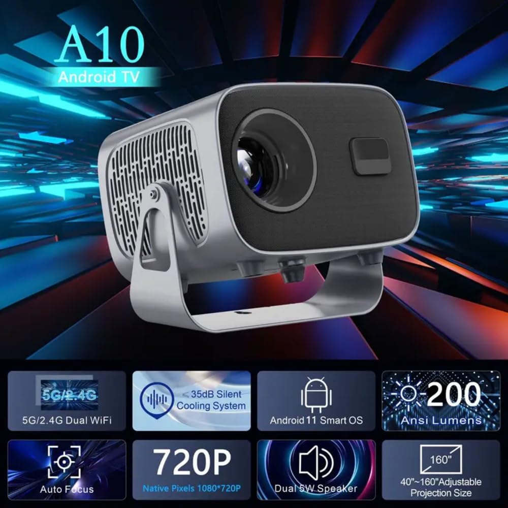 A10 Android Smart Mini Projector 720P Native 200 ANSI Lumens Android 11 WiFi 6 Auto Focus Home Theater Projector