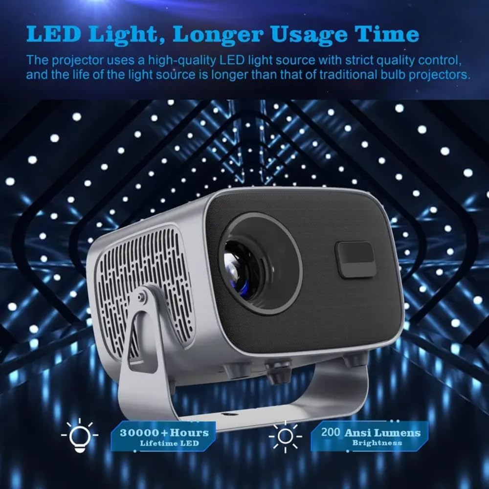 A10 Android Smart Mini Projector 720P Native 200 ANSI Lumens Android 11 WiFi 6 Auto Focus Home Theater Projector