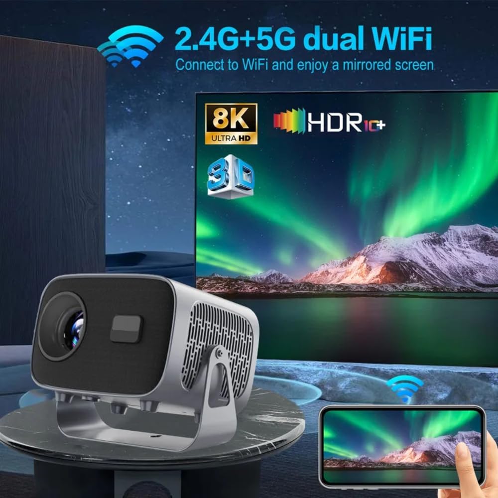 A10 Android Smart Mini Projector 720P Native 200 ANSI Lumens Android 11 WiFi 6 Auto Focus Home Theater Projector