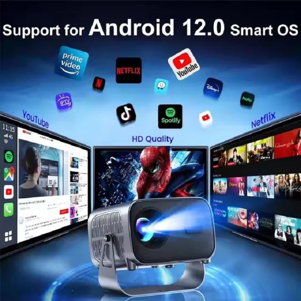A10 Android Smart Mini Projector 720P Native 200 ANSI Lumens Android 11 WiFi 6 Auto Focus Home Theater Projector