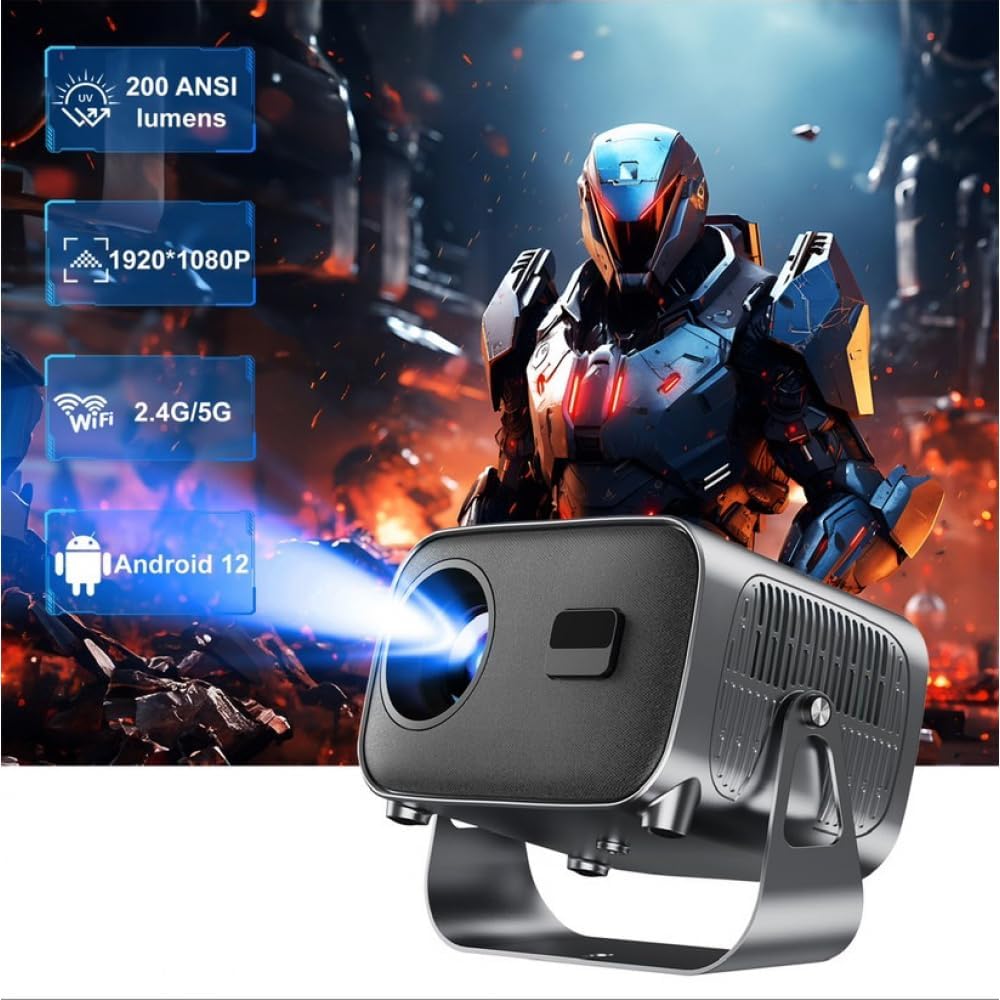 A10 Android Smart Mini Projector 720P Native 200 ANSI Lumens Android 11 WiFi 6 Auto Focus Home Theater Projector