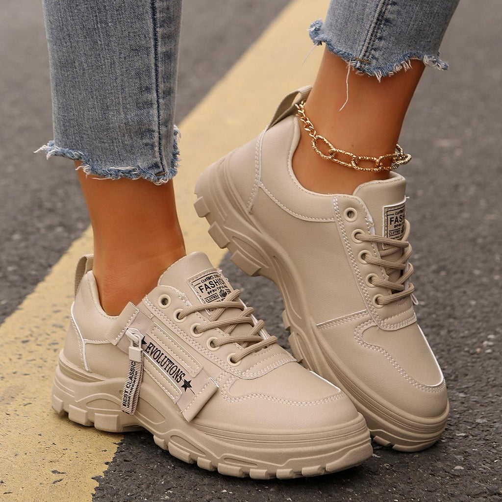 Lace-up Sports Shoes With Side-Zipper Design – Fashion Thick-Soled Round-Toe Casual Sneakers For Women - LIFE STORES UGANDA