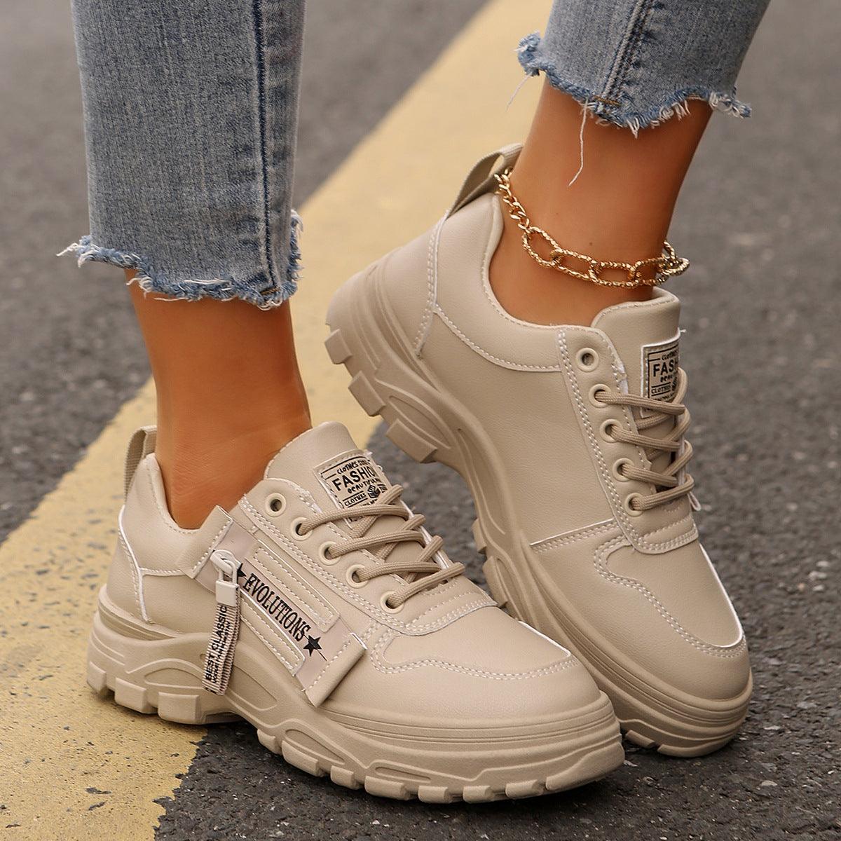 Lace-up Sports Shoes With Side-Zipper Design – Fashion Thick-Soled Round-Toe Casual Sneakers For Women - LIFE STORES UGANDA