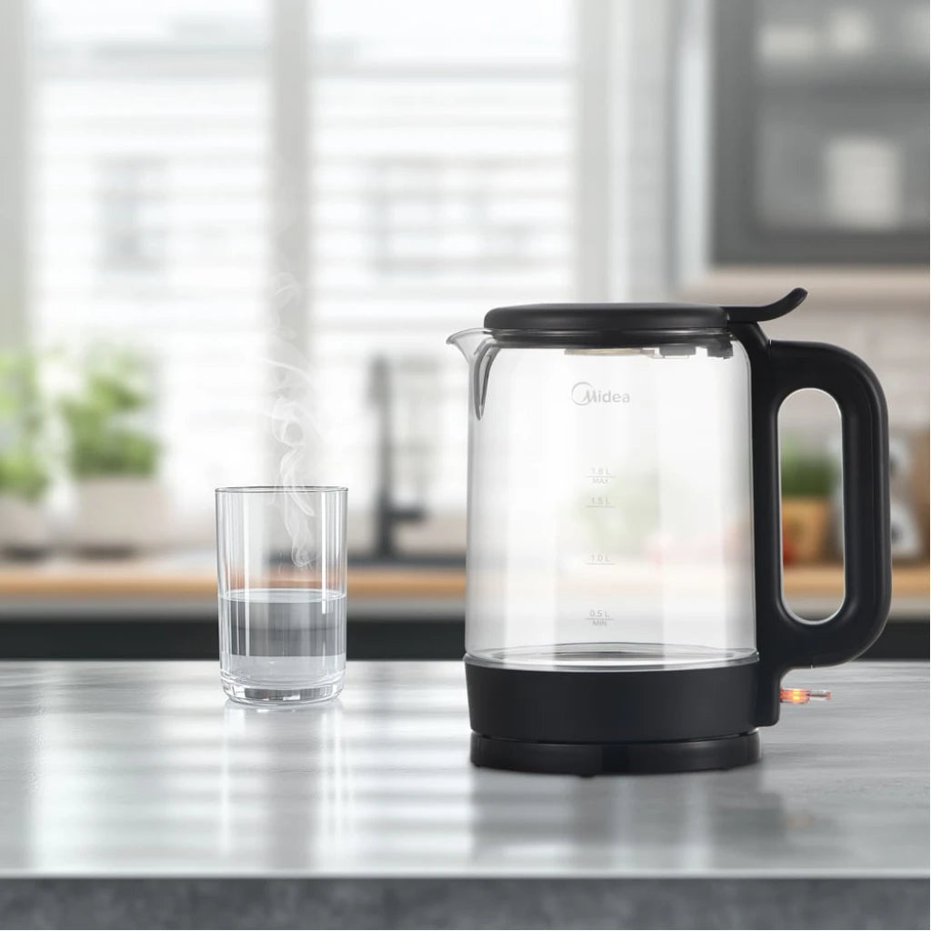 Midea 1.7L Glass Electric Kettle MK-17G06A2M – Fast Boil, LED Light, 360° Base