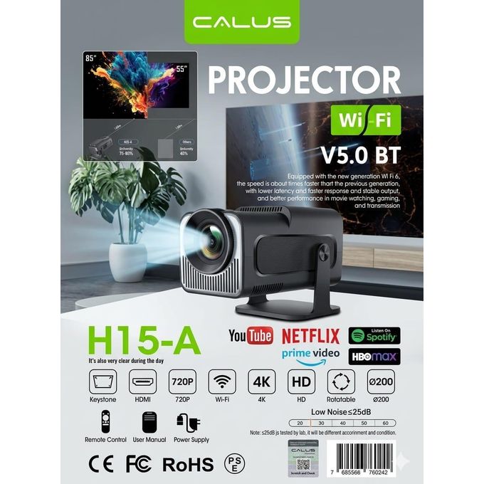 CALUS H15-0W Smart Projector – Native 1080P Full HD, 4K HDR Support, 5G WiFi & Bluetooth Projector