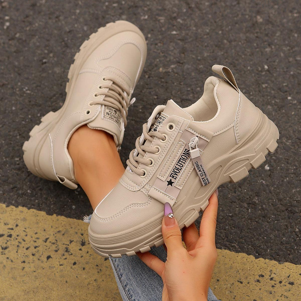 Lace-up Sports Shoes With Side-Zipper Design – Fashion Thick-Soled Round-Toe Casual Sneakers For Women - LIFE STORES UGANDA