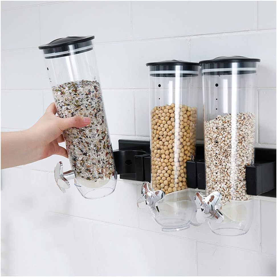 Triple Canister Cereal Dispenser – Wall Mounted Dry Food Dispenser (Silver & Black, 3-Pack) - LIFE STORES UGANDA