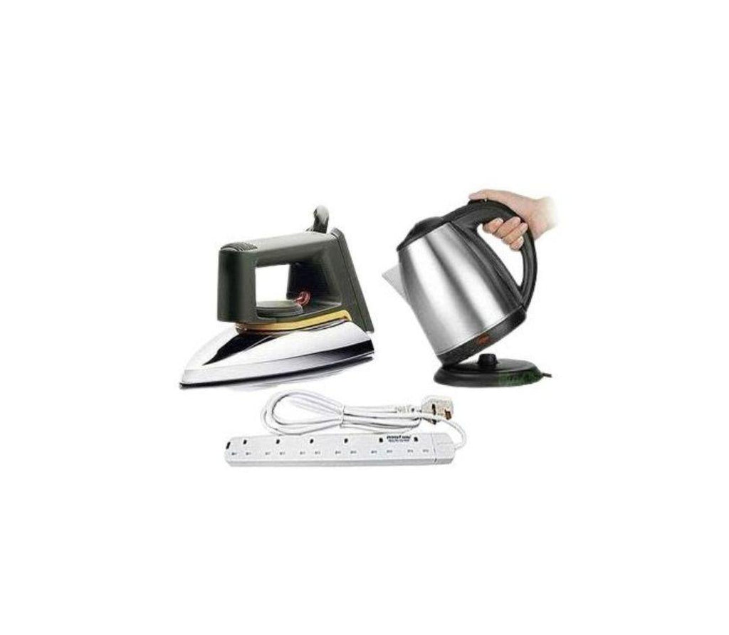 Flat Iron, Electric Kettle 2L & 6-Way Extension Cable – Silver, White - LIFE STORES UGANDA