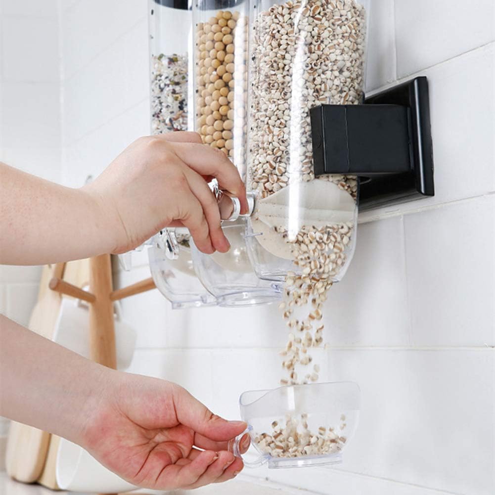 Triple Canister Cereal Dispenser – Wall Mounted Dry Food Dispenser (Silver & Black, 3-Pack) - LIFE STORES UGANDA