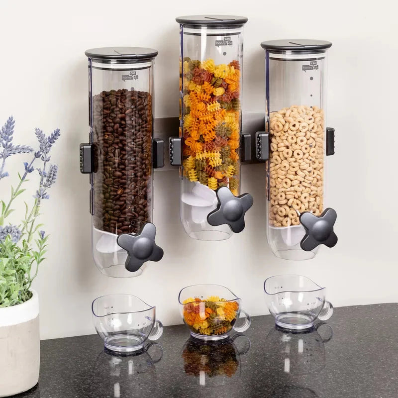 Triple Canister Cereal Dispenser – Wall Mounted Dry Food Dispenser (Silver & Black, 3-Pack) - LIFE STORES UGANDA