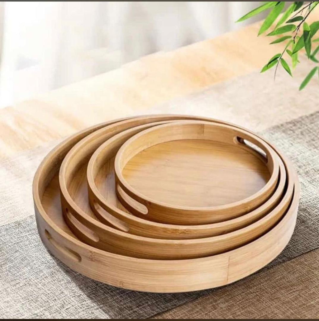 Round Bamboo Serving Tray with Handles – Decorative Wooden Tray for Tea, Coffee & Food - LIFE STORES UGANDA
