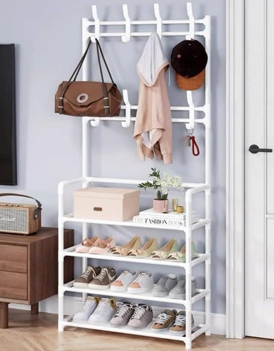 Multi-Tier Shoe Rack & Modern Standing Garment Rack – 5-Shelf Coat Organizer with Bottom Storage (Stainless Steel, 60 x 26 x 172 cm) - LIFE STORES UGANDA