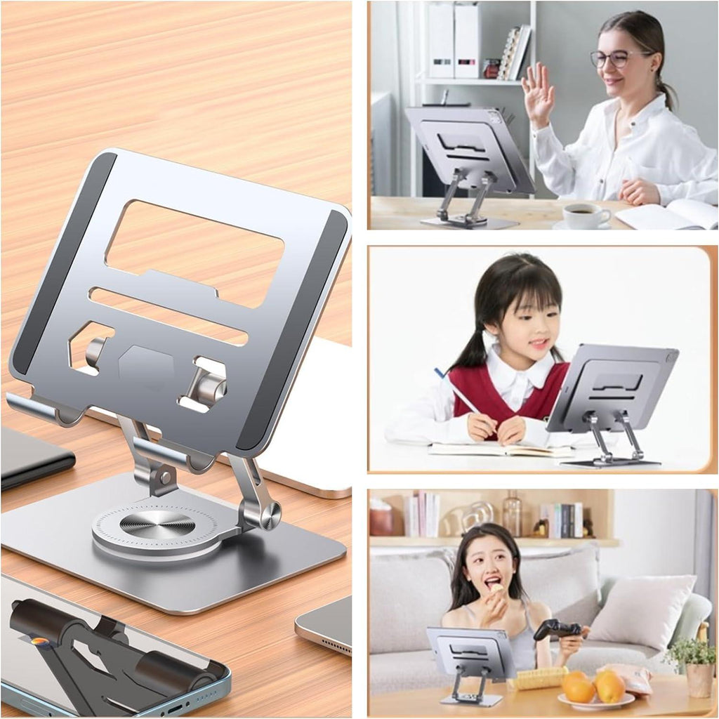 Tablet Stand, Adjustable Tablet Holder, 360° Rotating Aluminium Tablet Holder – Portable, Foldable, Non-Slip Design for Smartphones, Tablets, and Laptops - LIFE STORES UGANDA