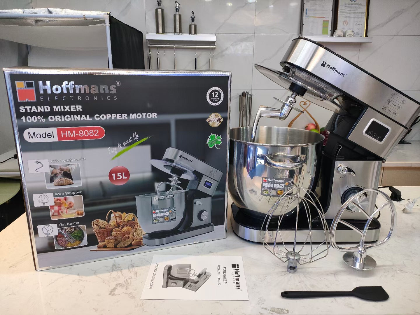 Hoffmans 15L Stand Mixer 2000W Commercial & Home Kitchen Food Mixer Stainless Steel