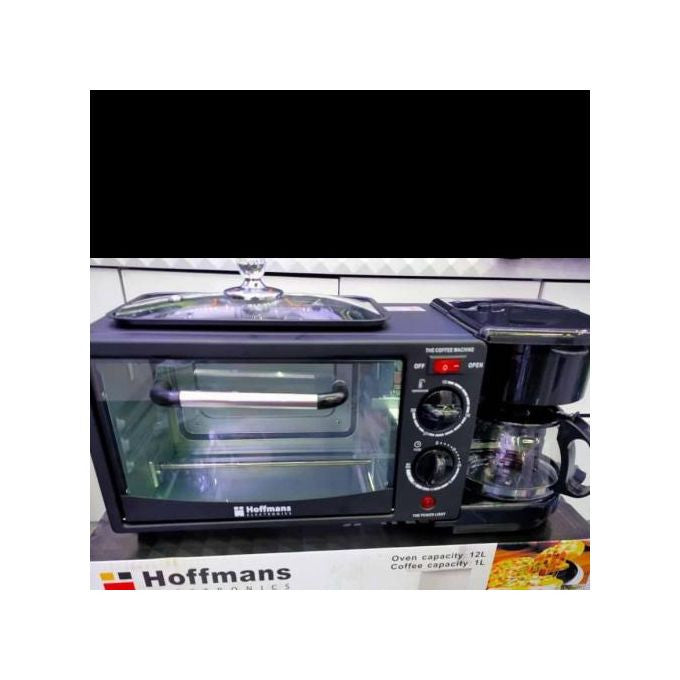 Hoffmans HM-509 3-in-1 Breakfast Maker 12L Oven + Coffee Maker + Grill Pan 1250W Multi-Function Kitchen Appliance