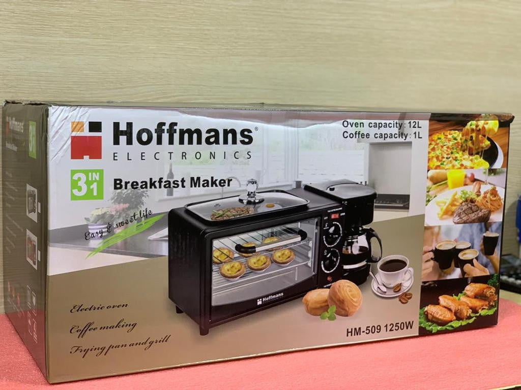 Hoffmans HM-509 3-in-1 Breakfast Maker 12L Oven + Coffee Maker + Grill Pan 1250W Multi-Function Kitchen Appliance