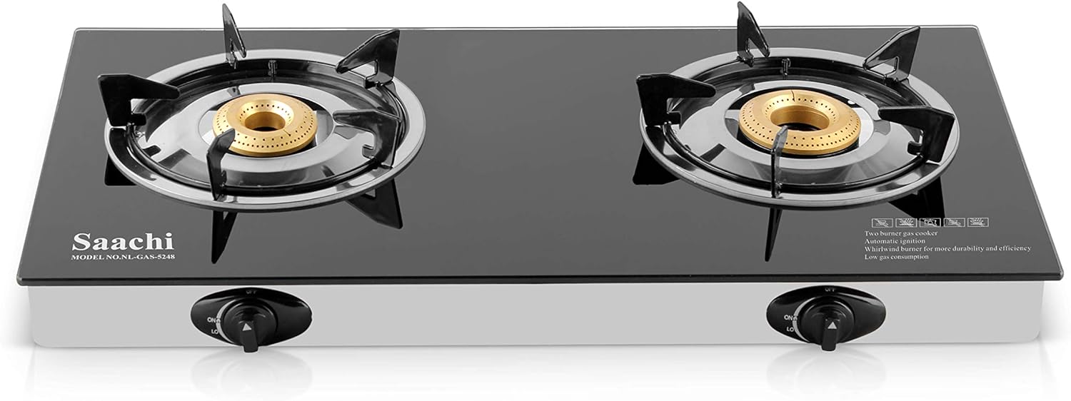 Saachi Double Burner Glass Gas Stove – Sleek, Portable & Efficient Countertop Cooking Solution - LIFE STORES UGANDA