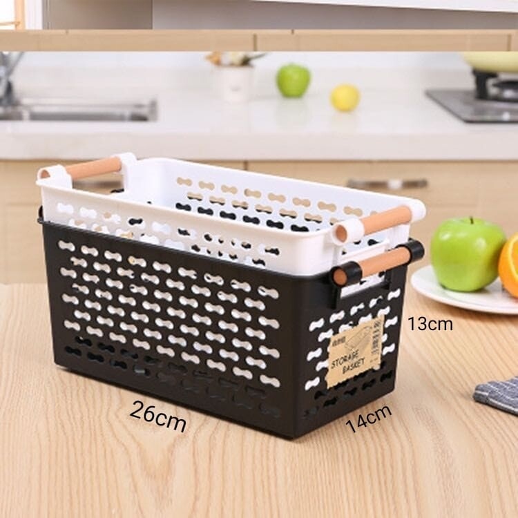 Rectangular Storage Basket with Wooden Handle  | Multi-Purpose Organizer for Kitchen, Bathroom & More – White/Black