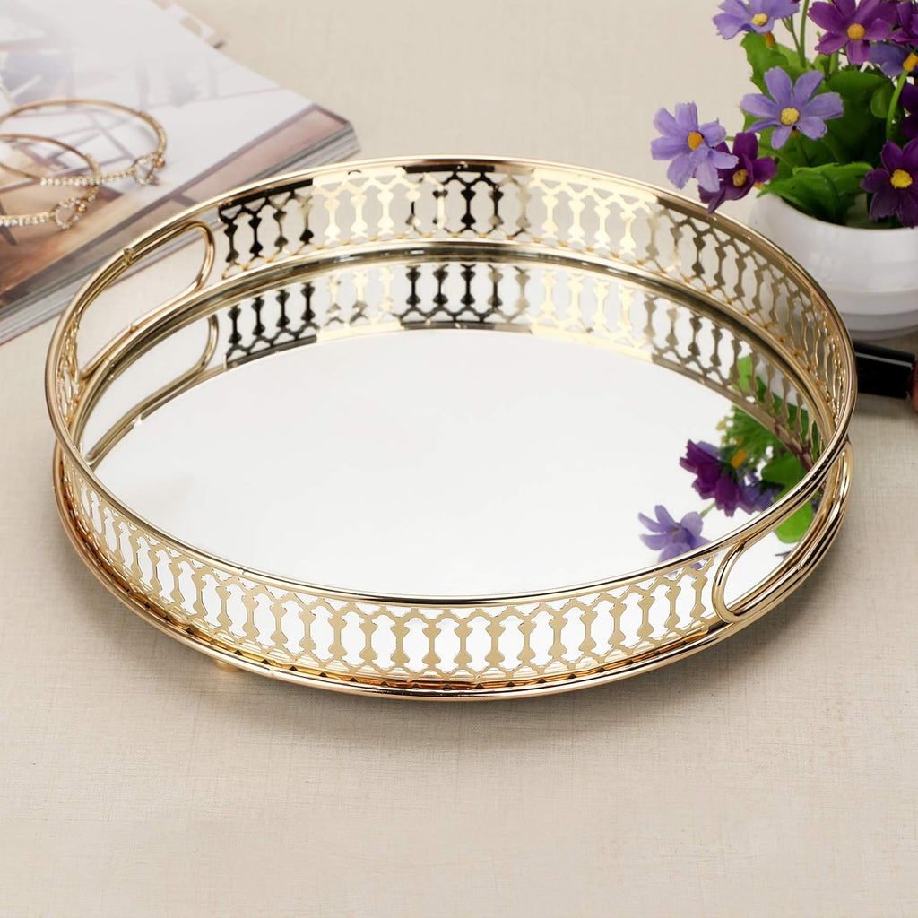 Round Metal Makeup Tray – Elegant Mirror Jewelry & Cosmetic Organizer for Dresser, Bathroom & Bedroom - LIFE STORES UGANDA