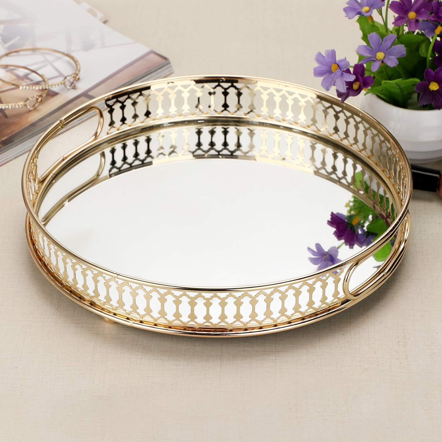 Round Metal Makeup Tray – Elegant Mirror Jewelry & Cosmetic Organizer for Dresser, Bathroom & Bedroom - LIFE STORES UGANDA