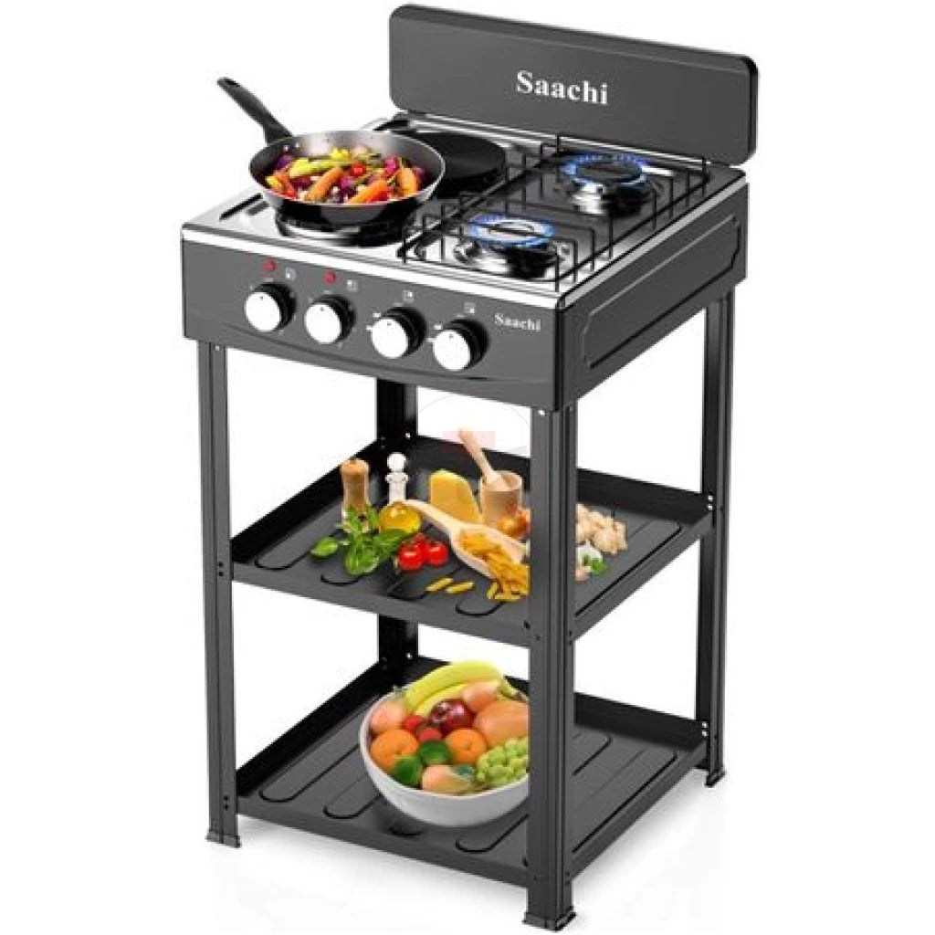 Saachi Stainless Steel Gas Burner with 4 Cooktops, (Hot Plates & Shelves) – Multi-Function Cooking Range - LIFE STORES UGANDA