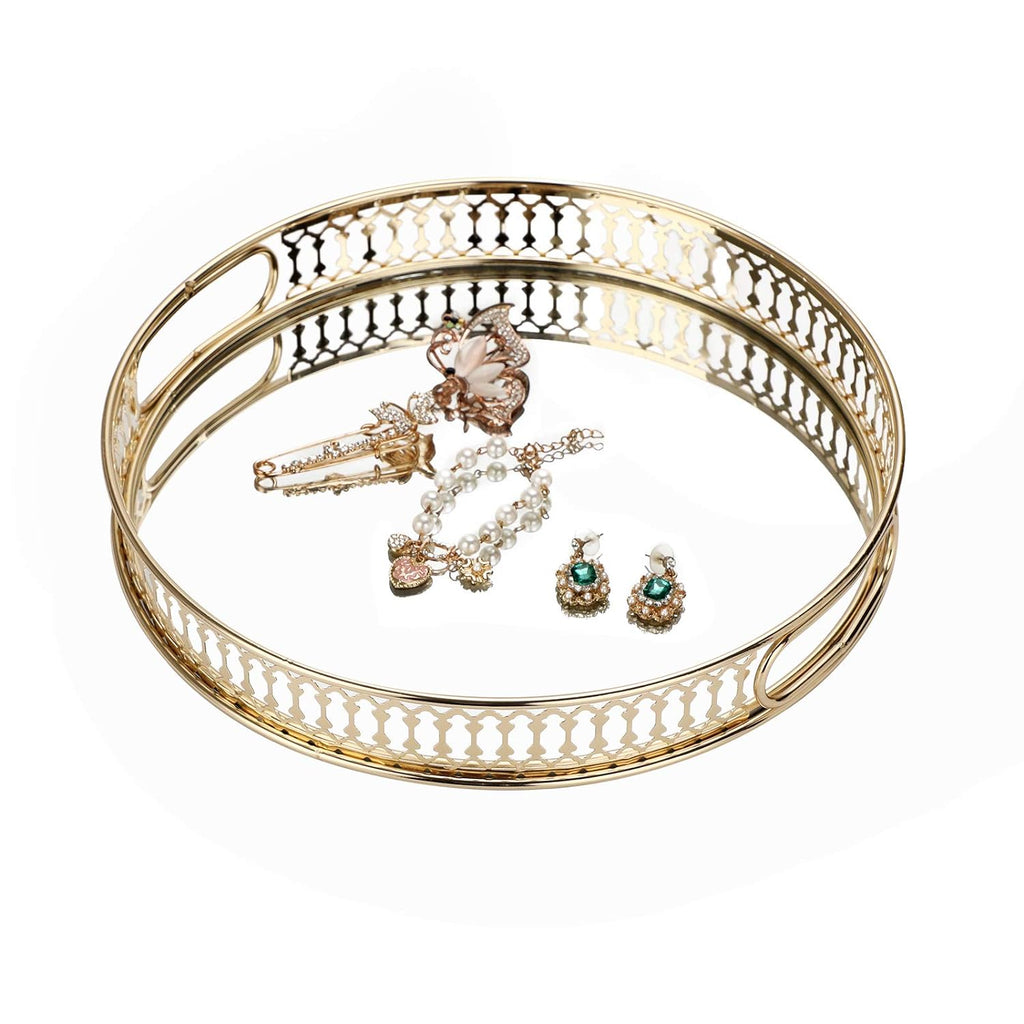 Round Metal Makeup Tray – Elegant Mirror Jewelry & Cosmetic Organizer for Dresser, Bathroom & Bedroom - LIFE STORES UGANDA