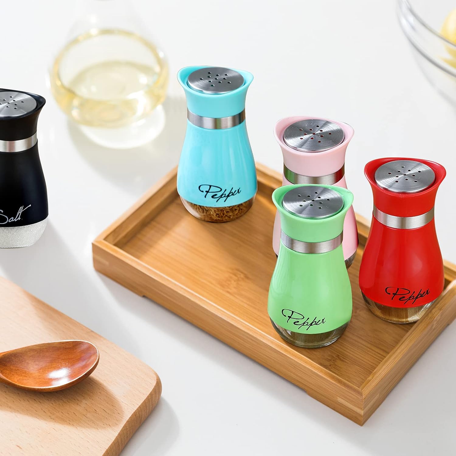 Salt and Pepper Shakers with Stainless Steel Lid – Refillable Glass Bottles, 2-Pack (4oz, Multi-Colored) - LIFE STORES UGANDA