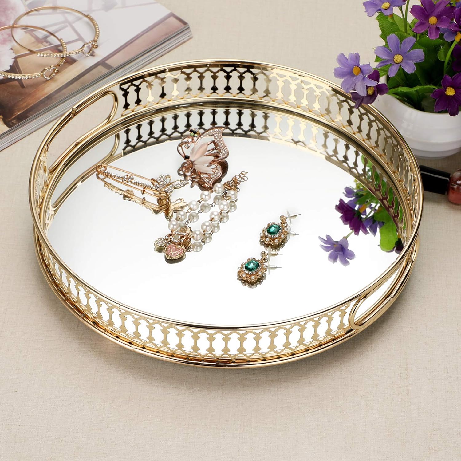 Round Metal Makeup Tray – Elegant Mirror Jewelry & Cosmetic Organizer for Dresser, Bathroom & Bedroom - LIFE STORES UGANDA