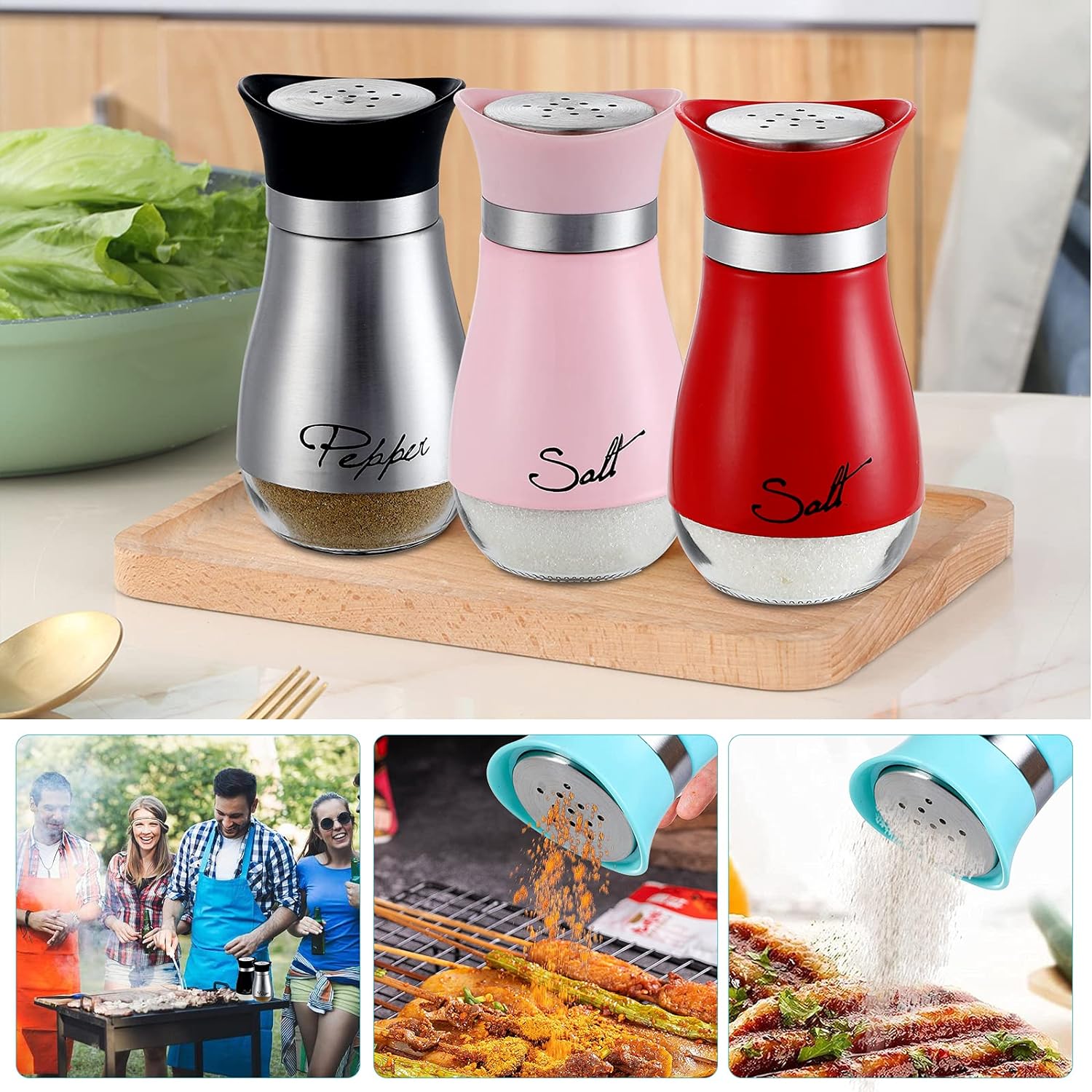 Salt and Pepper Shakers with Stainless Steel Lid – Refillable Glass Bottles, 2-Pack (4oz, Multi-Colored) - LIFE STORES UGANDA