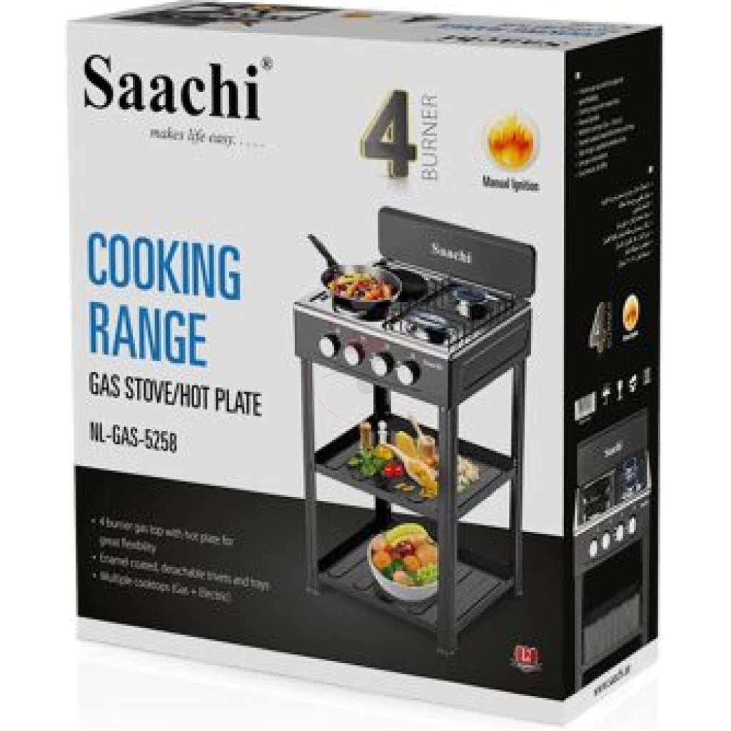 Saachi Stainless Steel Gas Burner with 4 Cooktops, (Hot Plates & Shelves) – Multi-Function Cooking Range - LIFE STORES UGANDA