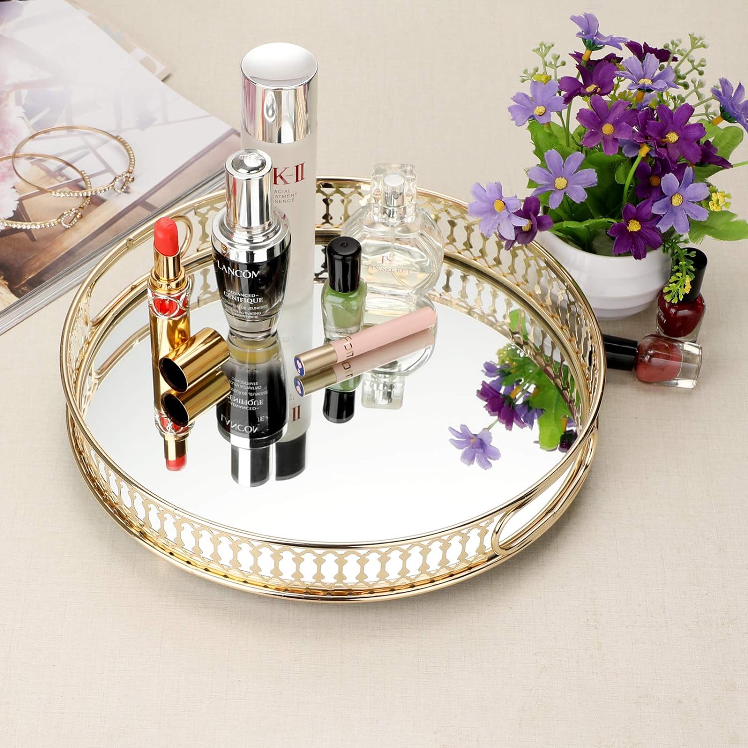 Round Metal Makeup Tray – Elegant Mirror Jewelry & Cosmetic Organizer for Dresser, Bathroom & Bedroom - LIFE STORES UGANDA