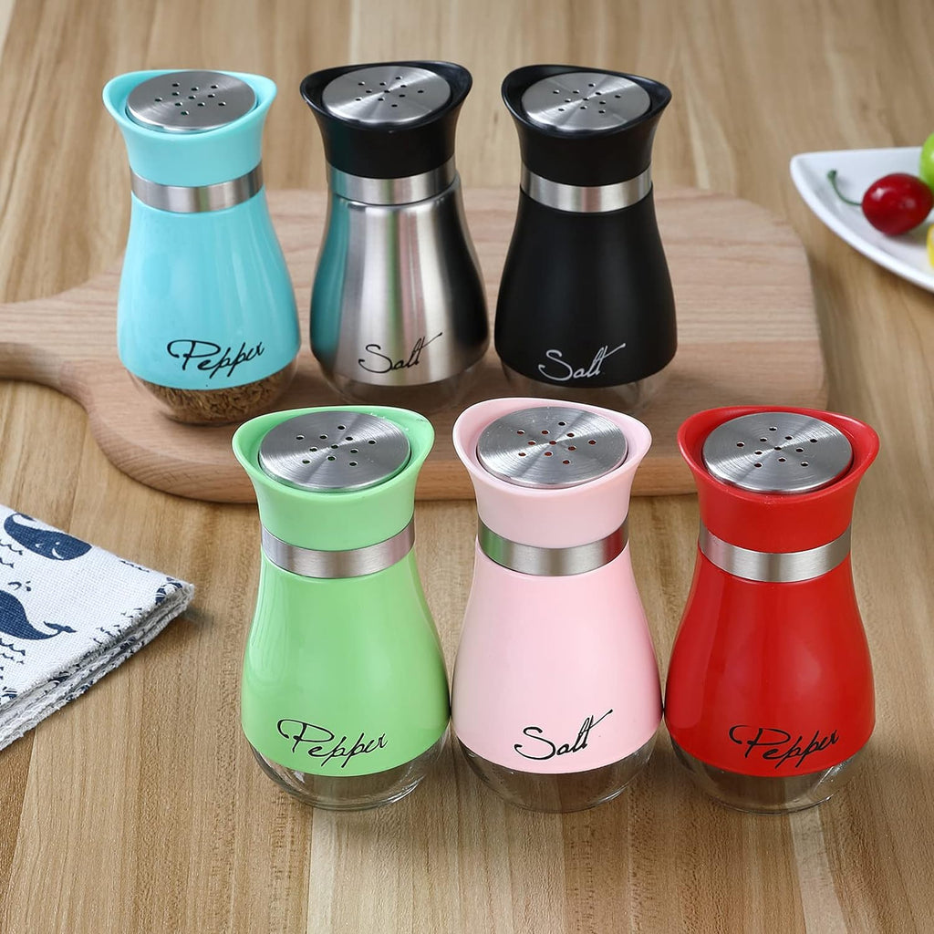 Salt and Pepper Shakers with Stainless Steel Lid – Refillable Glass Bottles, 2-Pack (4oz, Multi-Colored) - LIFE STORES UGANDA