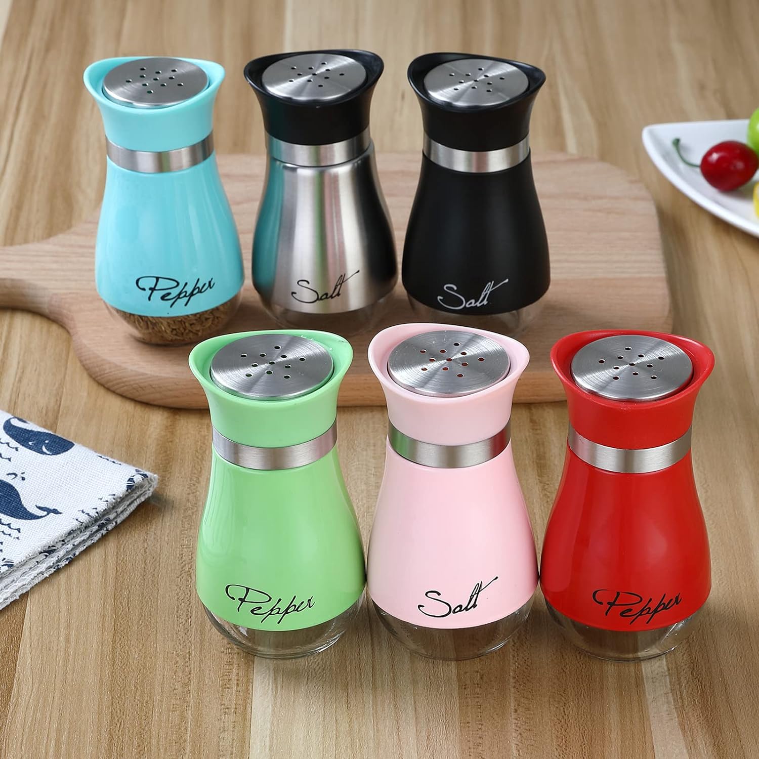 Salt and Pepper Shakers with Stainless Steel Lid – Refillable Glass Bottles, 2-Pack (4oz, Multi-Colored) - LIFE STORES UGANDA