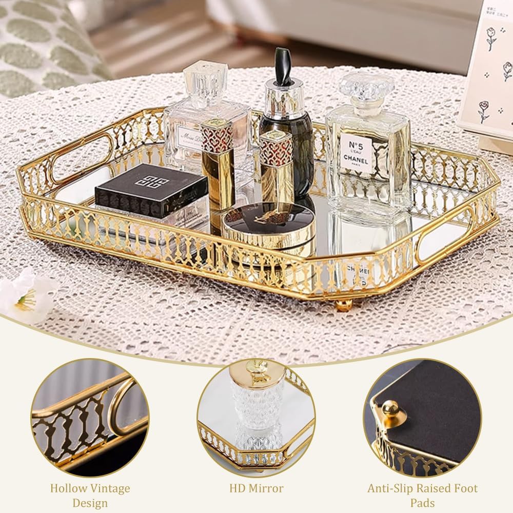 Decorative Gold Mirror Tray for Jewelry, Vanity Dresser, and Candle Display - LIFE STORES UGANDA