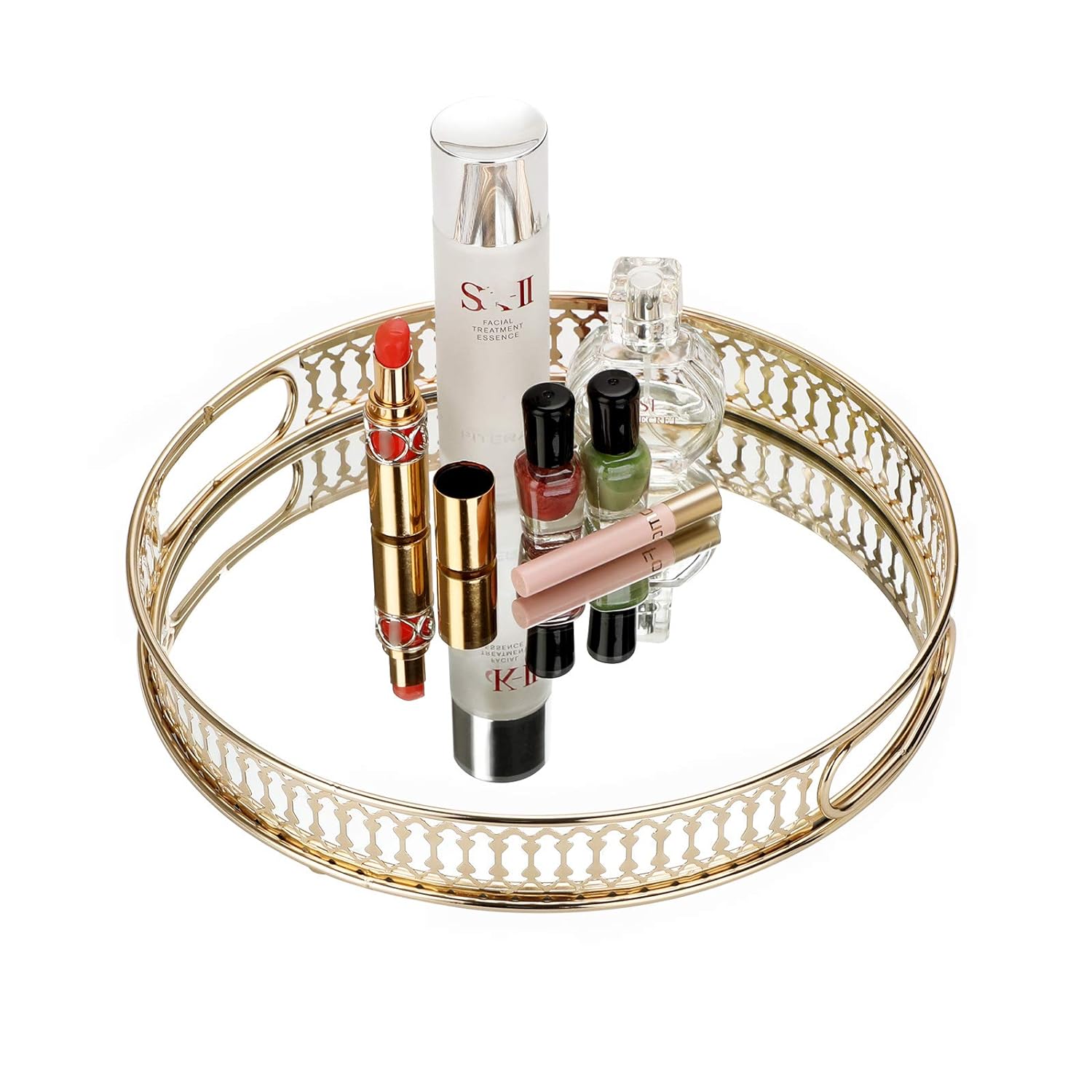 Round Metal Makeup Tray – Elegant Mirror Jewelry & Cosmetic Organizer for Dresser, Bathroom & Bedroom - LIFE STORES UGANDA