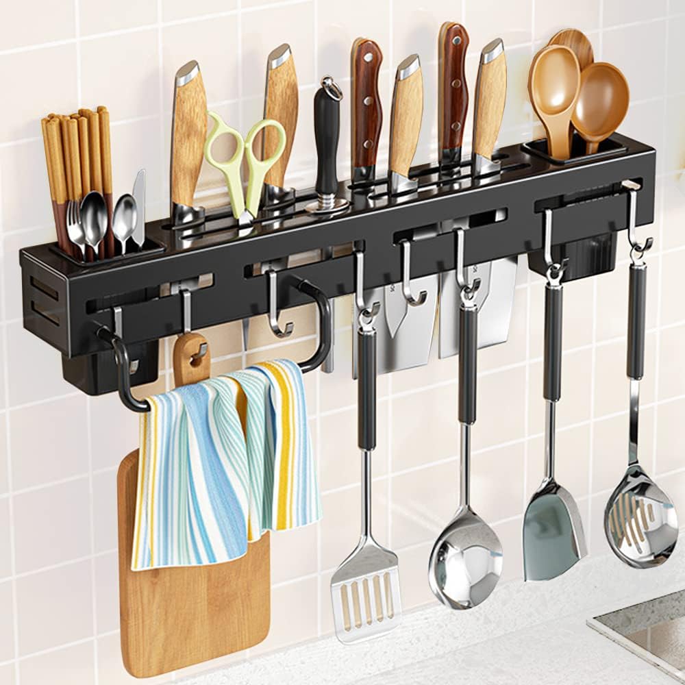 Melairy 40CM Stainless Steel Utensil Rack – Wall Mounted Kitchen Organizer with Knife Slots, Spoon & Chopstick Holders