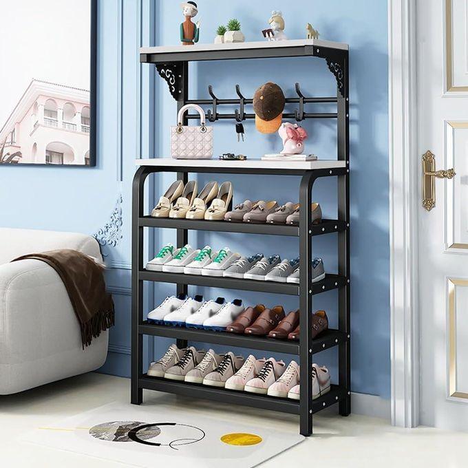 4-Tier Metal Shoe Rack with Hooks, Multifunctional Freestanding Organizer for Shoes, Bags, Hats & Scarves - LIFE STORES UGANDA