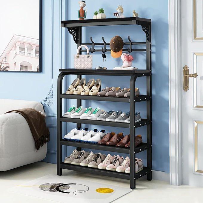 4-Tier Metal Shoe Rack with Hooks, Multifunctional Freestanding Organizer for Shoes, Bags, Hats & Scarves - LIFE STORES UGANDA