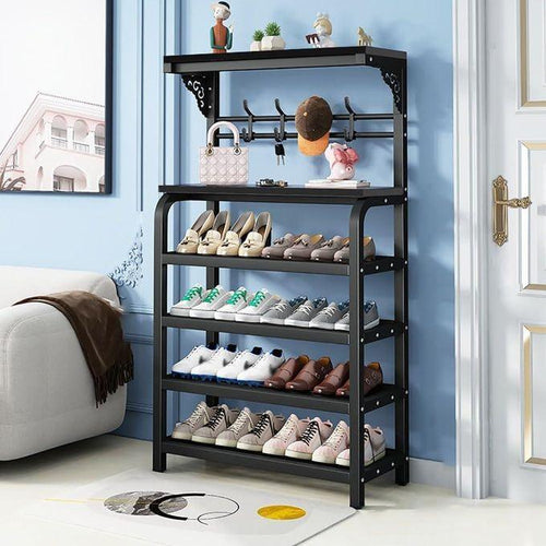 4-Tier Metal Shoe Rack with Hooks, Multifunctional Freestanding Organizer for Shoes, Bags, Hats & Scarves - LIFE STORES UGANDA