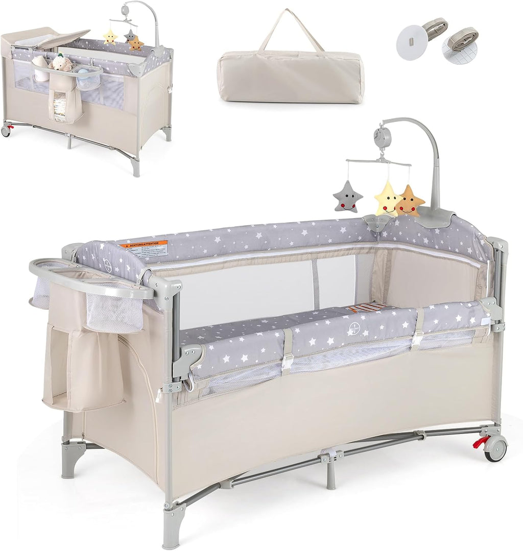 Folding Mini Metal Crib with Guard Rails | Under-Bed Storage & Locking Wheels