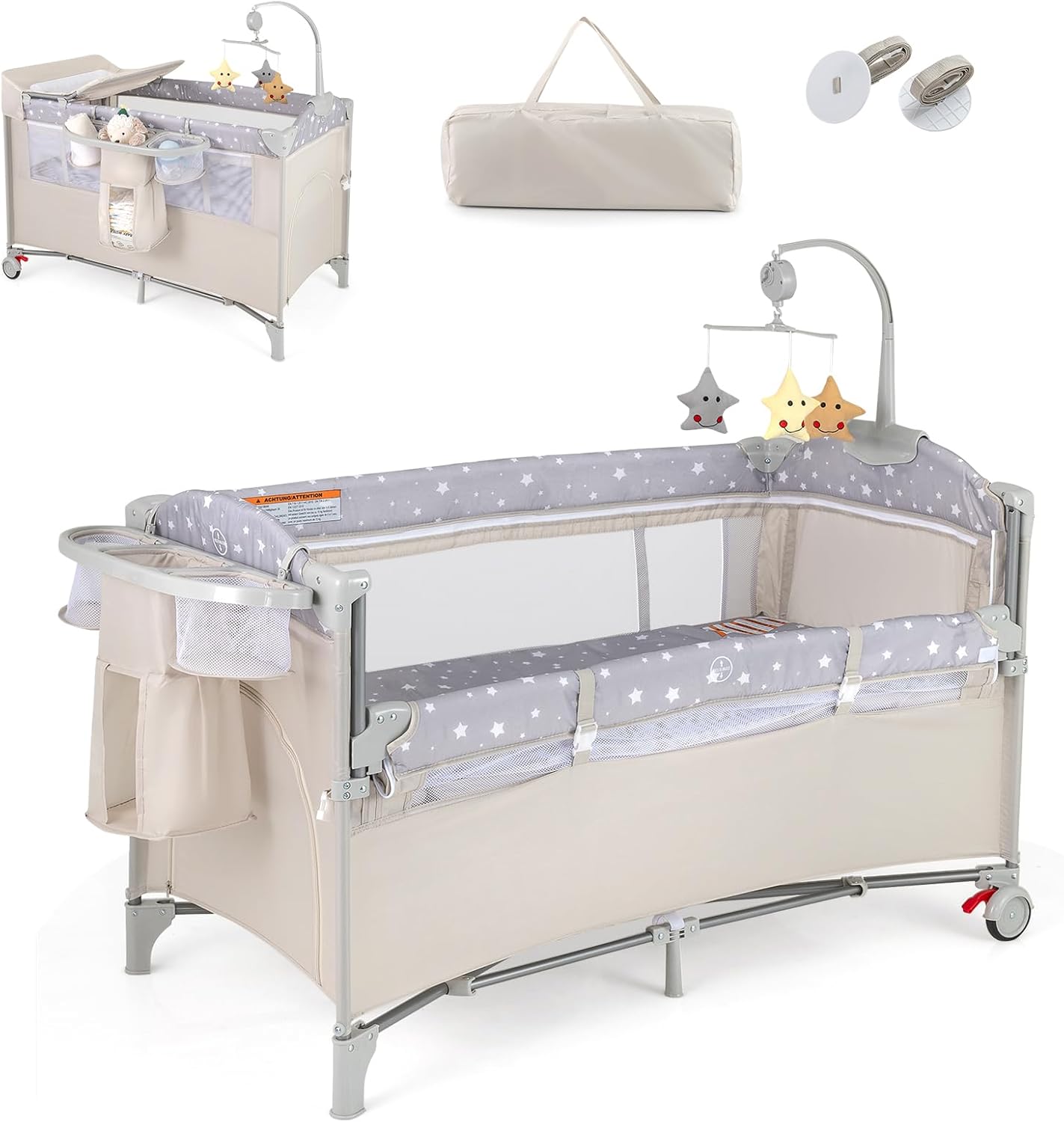 Folding Mini Metal Crib with Guard Rails | Under-Bed Storage & Locking Wheels